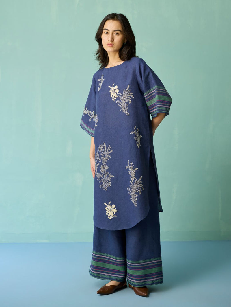 Nami Floral Block-Printed Curved Hem Kurta - Indigo linen light kurta set by Manan in navy for women in Singapore
