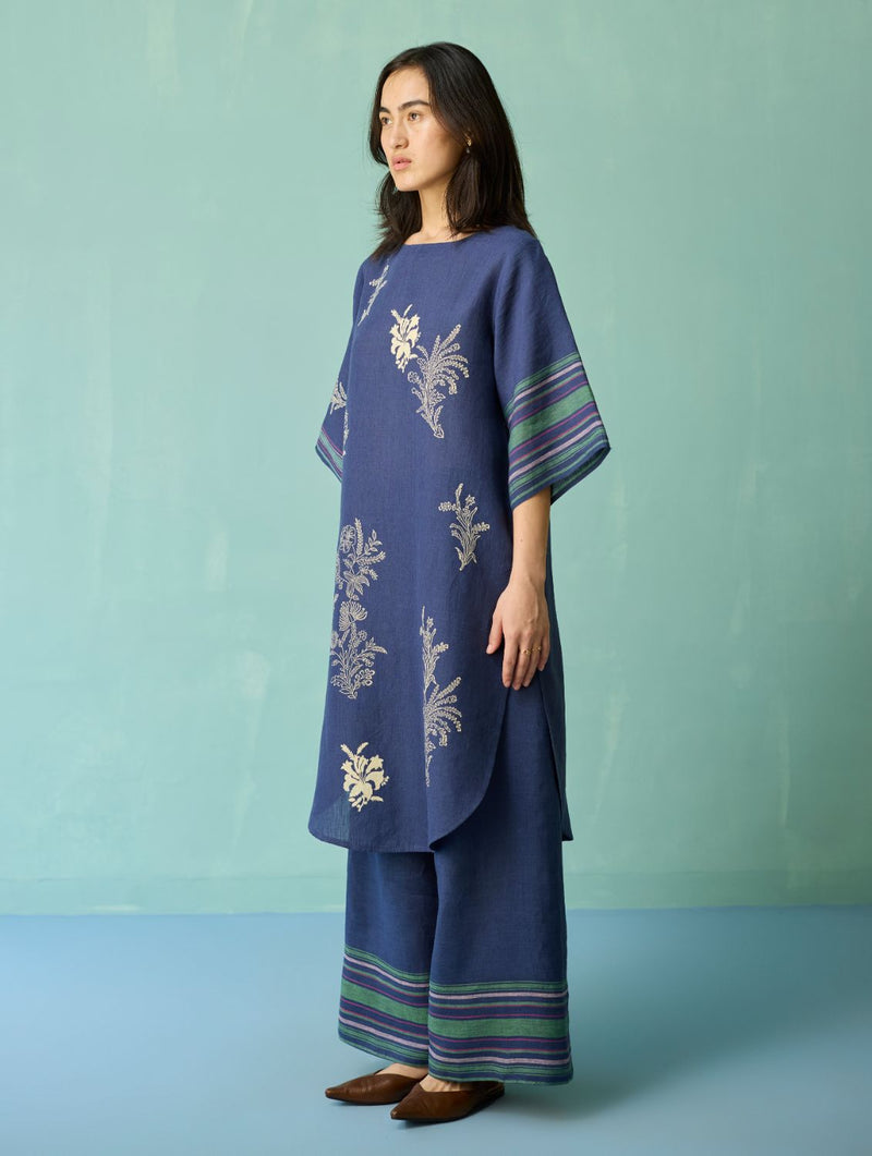 Nami Floral Block-Printed Curved Hem Kurta - Indigo linen light kurta set by Manan in navy for women in Singapore