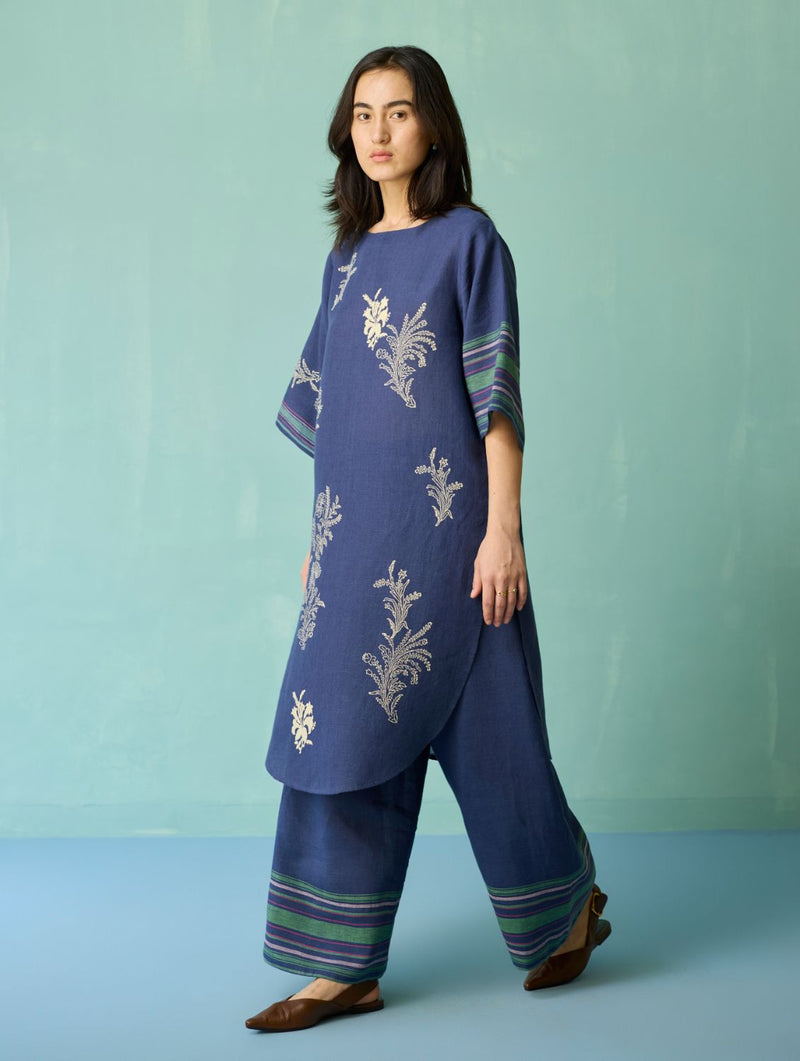Nami Floral Block-Printed Curved Hem Kurta - Indigo linen light kurta set by Manan in navy for women in Singapore