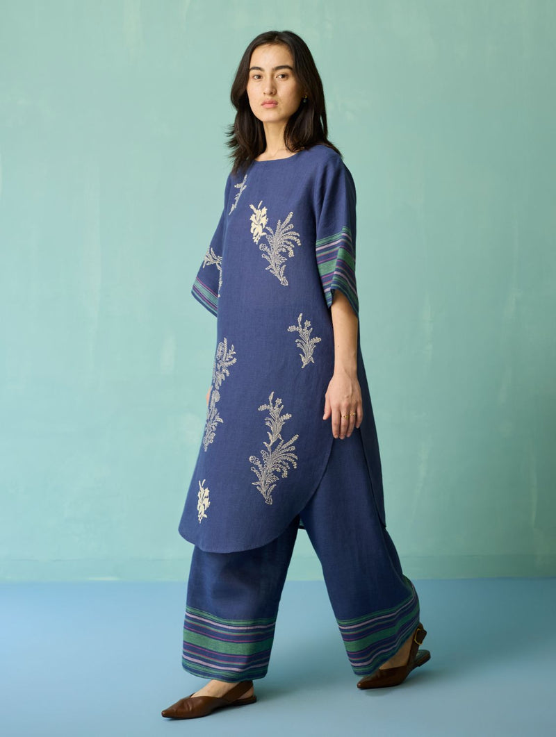 Nami Floral Block-Printed Curved Hem Kurta Set - Indigo linen light kurta set by Manan in navy for women in Singapore