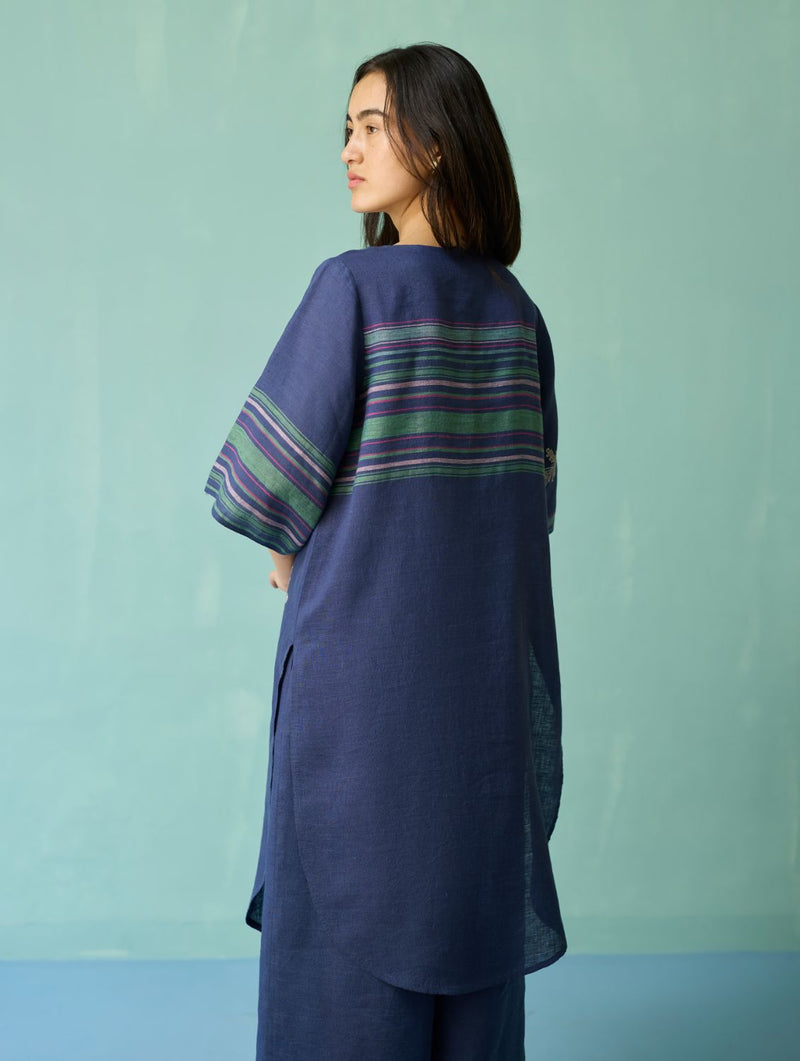 Nami Floral Block-Printed Curved Hem Kurta - Indigo linen light kurta set by Manan in navy for women in Singapore