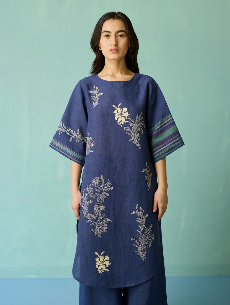 Nami Floral Block-Printed Curved Hem Kurta Set - Indigo linen light kurta set by Manan in navy for women in Singapore
