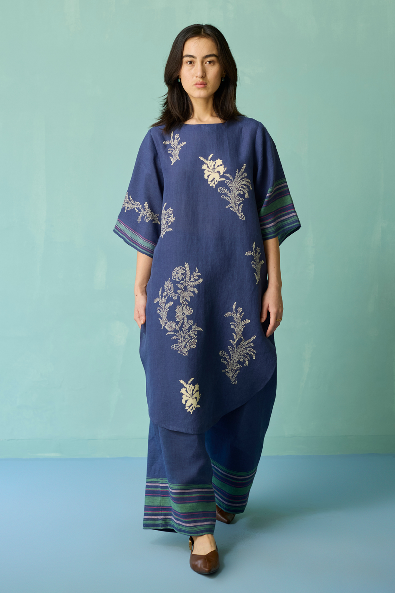 Nami Floral Block-Printed Curved Hem Kurta - Indigo linen light kurta set by Manan in navy for women in Singapore