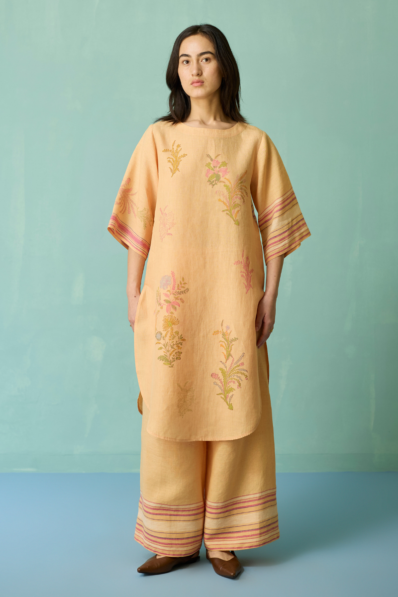 Nami Floral Block-Printed Curved Hem Kurta Set - Apricot linen light kurta set by Manan in apricot for women in Singapore