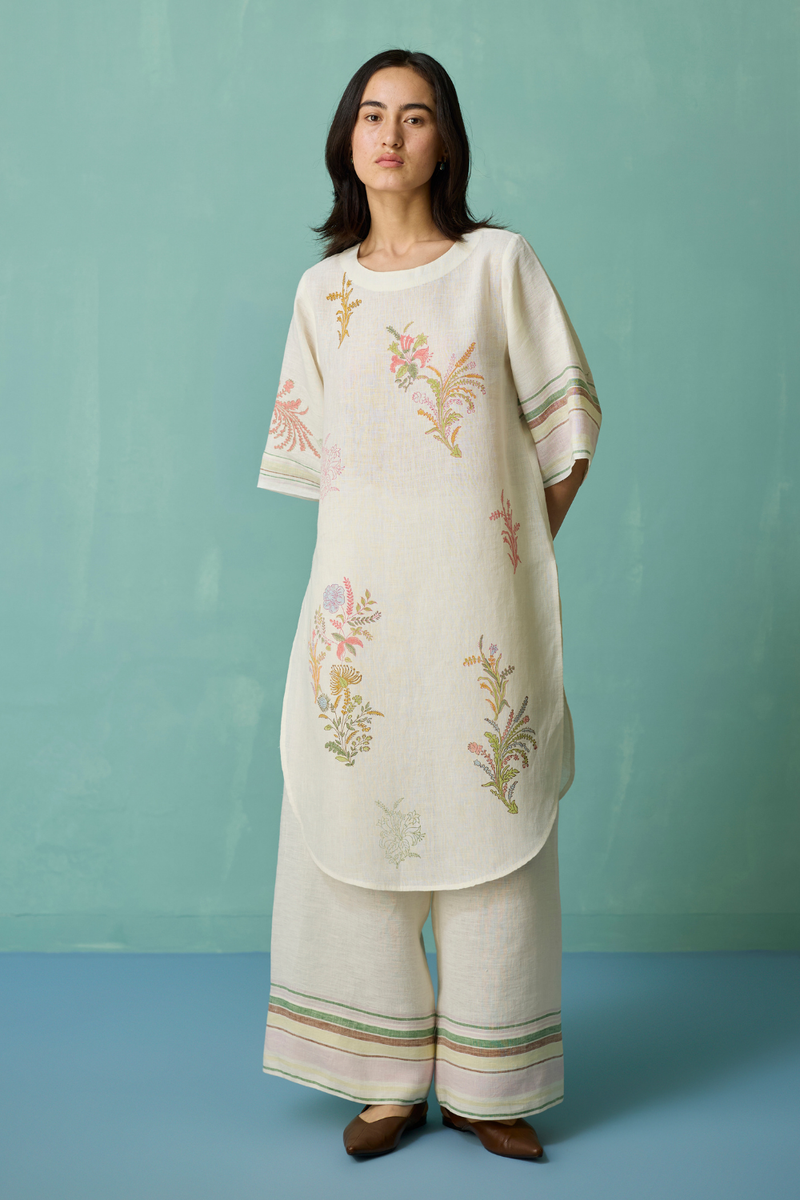 Nami Floral Block-Printed Curved Hem Kurta Set - Ivory linen light kurta set by Manan in ivory for women in Singapore
