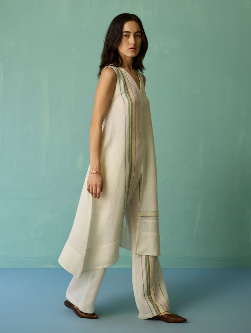 Vanya Border Linen Sleeveless Kurta - Ivory linen light kurta set by Manan in ivory for women in Singapore
