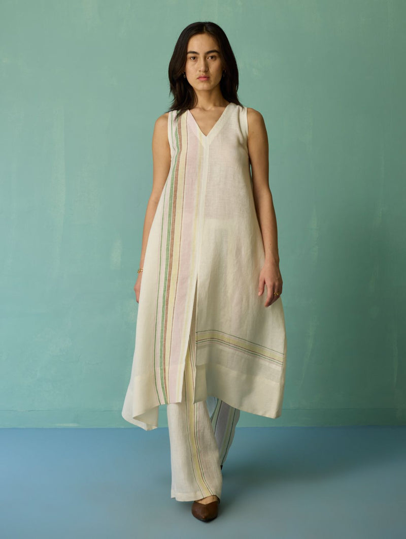 Vanya Border Linen Sleeveless Kurta - Ivory linen light kurta set by Manan in ivory for women in Singapore