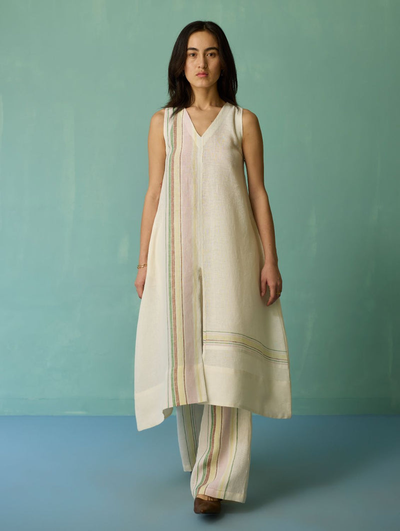 Vanya Border Linen Sleeveless Kurta - Ivory linen light kurta set by Manan in ivory for women in Singapore