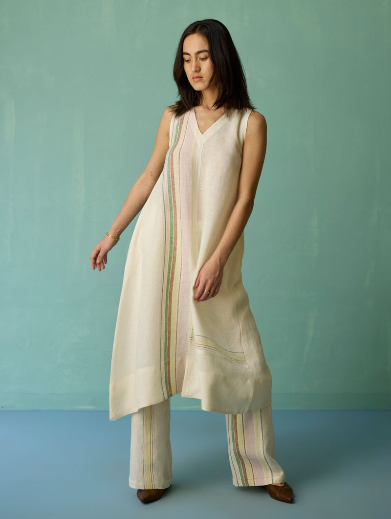 Vanya Border Linen Sleeveless Kurta Set - Ivory linen light kurta set by Manan in ivory for women in Singapore