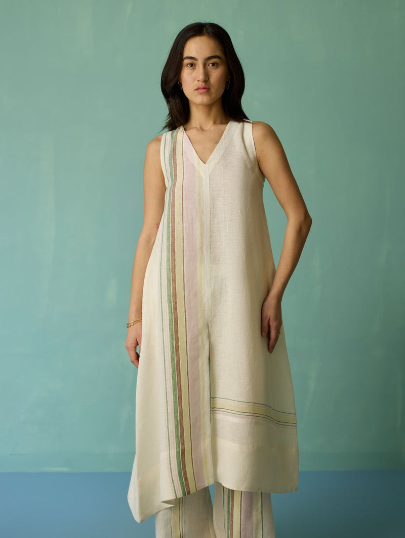 Vanya Border Linen Sleeveless Kurta - Ivory linen light kurta set by Manan in ivory for women in Singapore