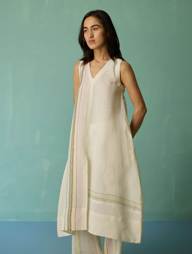 Vanya Border Linen Sleeveless Kurta - Ivory linen light kurta set by Manan in ivory for women in Singapore