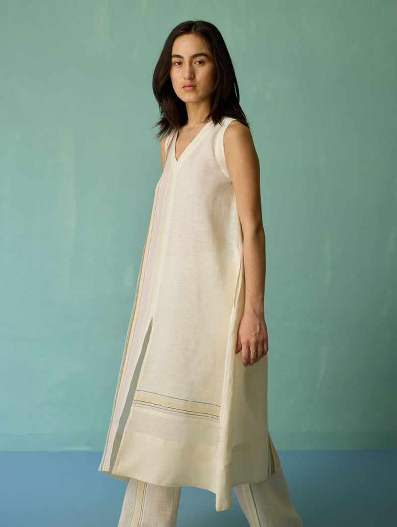 Vanya Border Linen Sleeveless Kurta Set - Ivory linen light kurta set by Manan in ivory for women in Singapore
