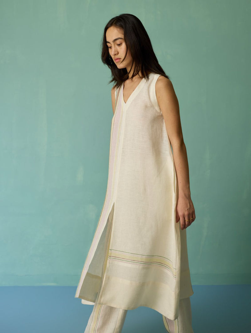 Vanya Border Linen Sleeveless Kurta Set - Ivory linen light kurta set by Manan in ivory for women in Singapore