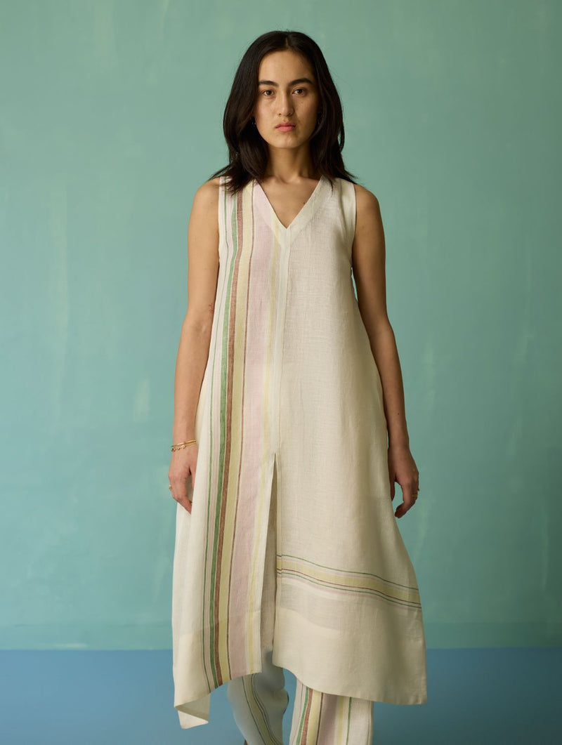 Vanya Border Linen Sleeveless Kurta Set - Ivory linen light kurta set by Manan in ivory for women in Singapore