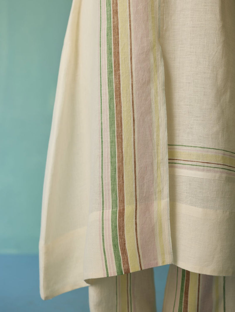 Vanya Border Linen Sleeveless Kurta Set - Ivory linen light kurta set by Manan in ivory for women in Singapore