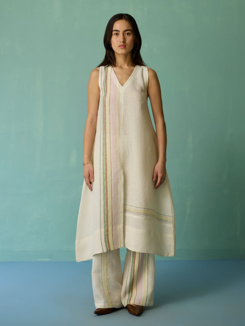 Vanya Border Linen Sleeveless Kurta - Ivory linen light kurta set by Manan in ivory for women in Singapore