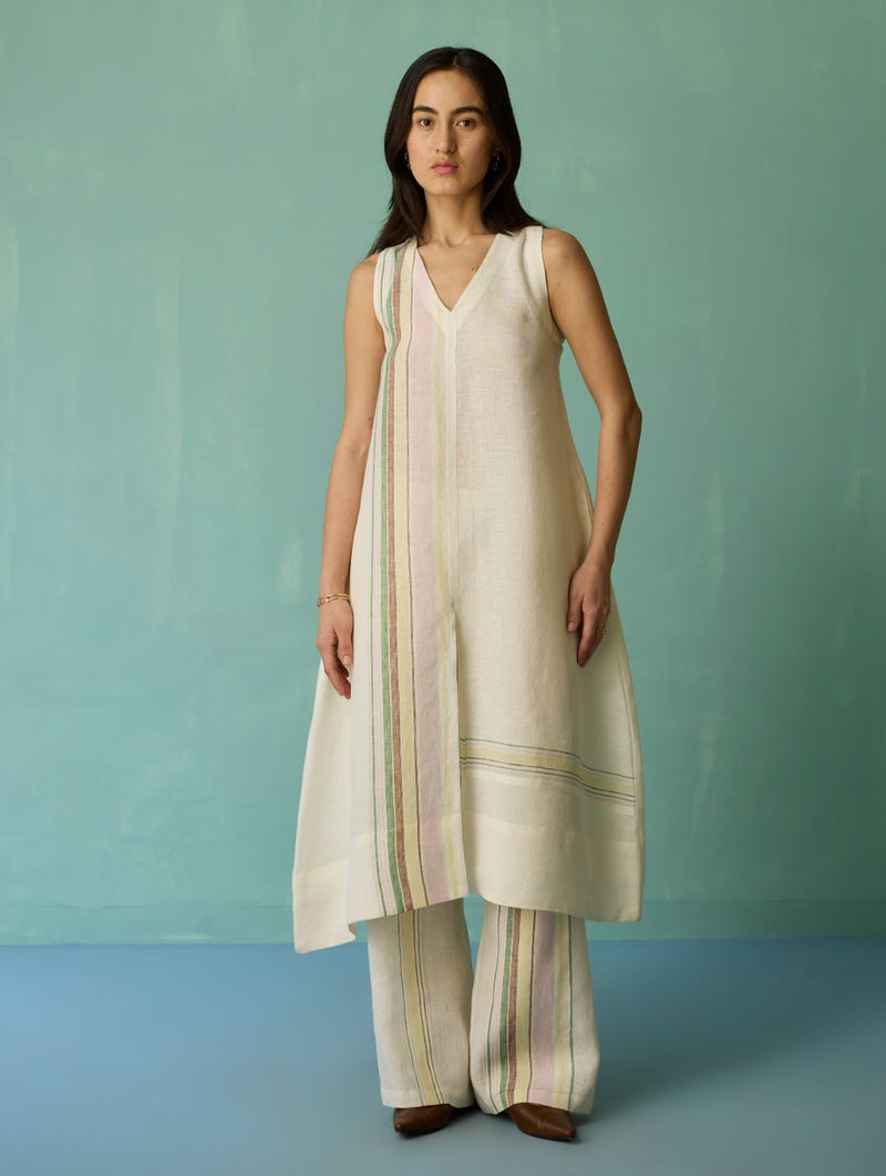 Vanya Border Linen Sleeveless Kurta Set - Ivory linen light kurta set by Manan in ivory for women in Singapore