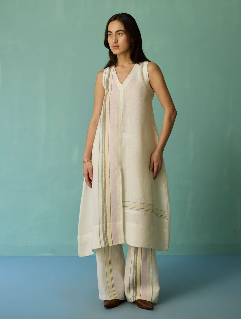Vanya Border Linen Sleeveless Kurta Set - Ivory linen light kurta set by Manan in ivory for women in Singapore