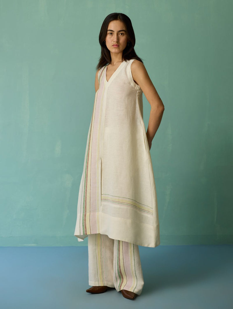 Vanya Border Linen Sleeveless Kurta Set - Ivory linen light kurta set by Manan in ivory for women in Singapore
