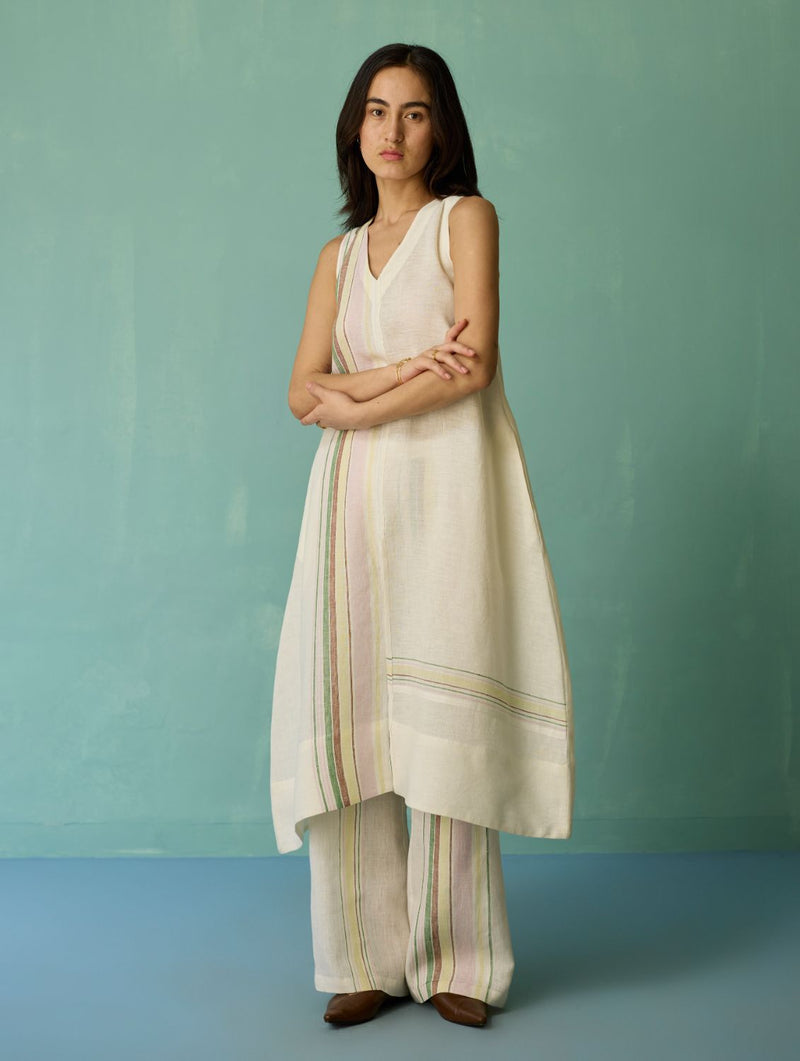 Vanya Border Linen Sleeveless Kurta Set - Ivory linen light kurta set by Manan in ivory for women in Singapore
