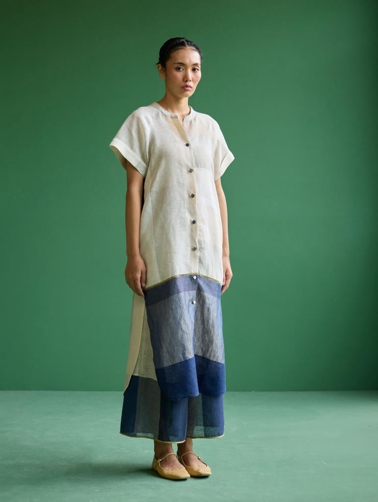 Nila Color-Blocked Metallic Linen Kurta
 - Ivory linen by Manan in ivory color for women in Singapore