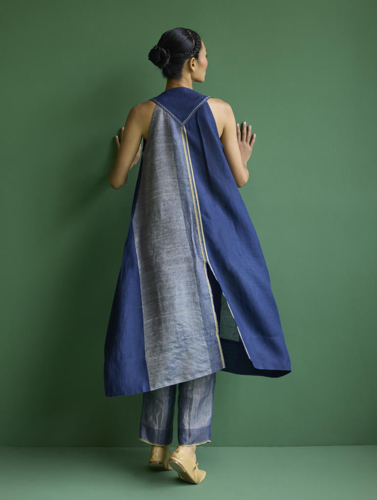 Ayana Metallic Linen Border Top - Navy linen by Manan in navy color for women in Singapore