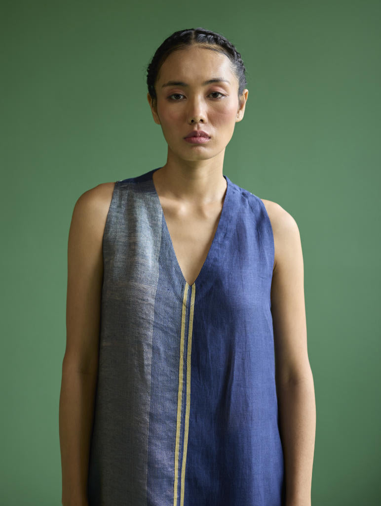 Ayana Metallic Linen Border Top - Navy linen by Manan in navy color for women in Singapore