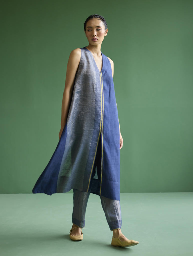 Ayana Metallic Linen Border Top - Navy linen by Manan in navy color for women in Singapore