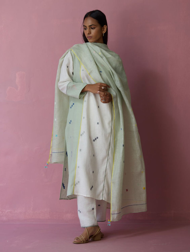 Siza Jamdani Linen Colour-Block Kurta Set all linen by Manan in ivory color for women in Singapore