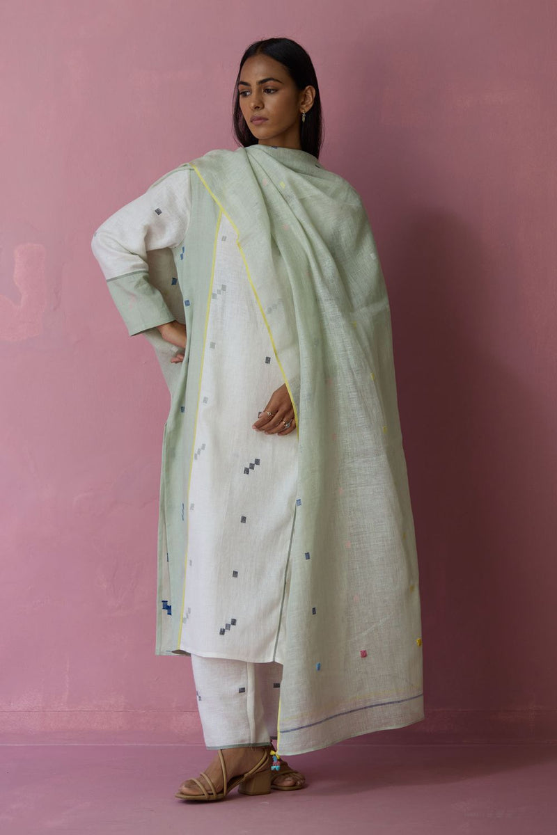 Siza Jamdani Linen Colour-Block Kurta Set all linen by Manan in ivory color for women in Singapore