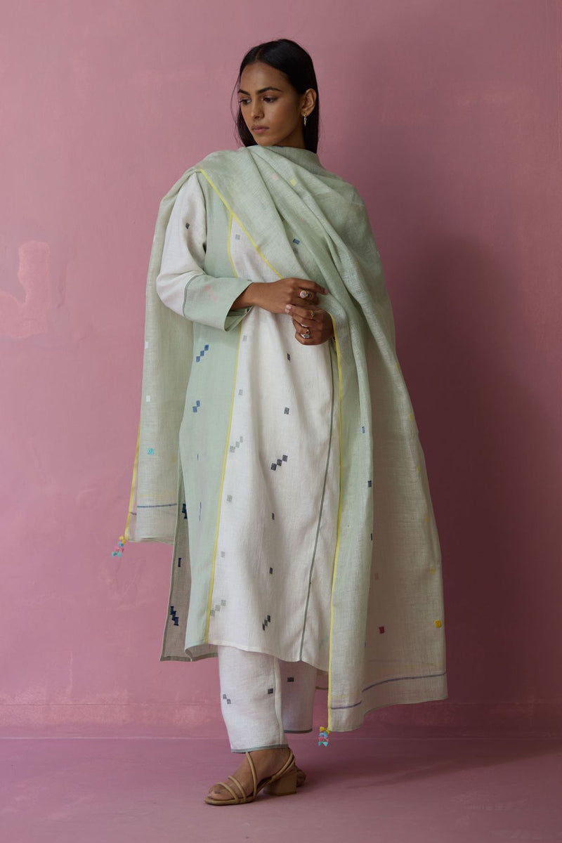 Siza Jamdani Linen Colour-Block Kurta Set all linen by Manan in ivory color for women in Singapore