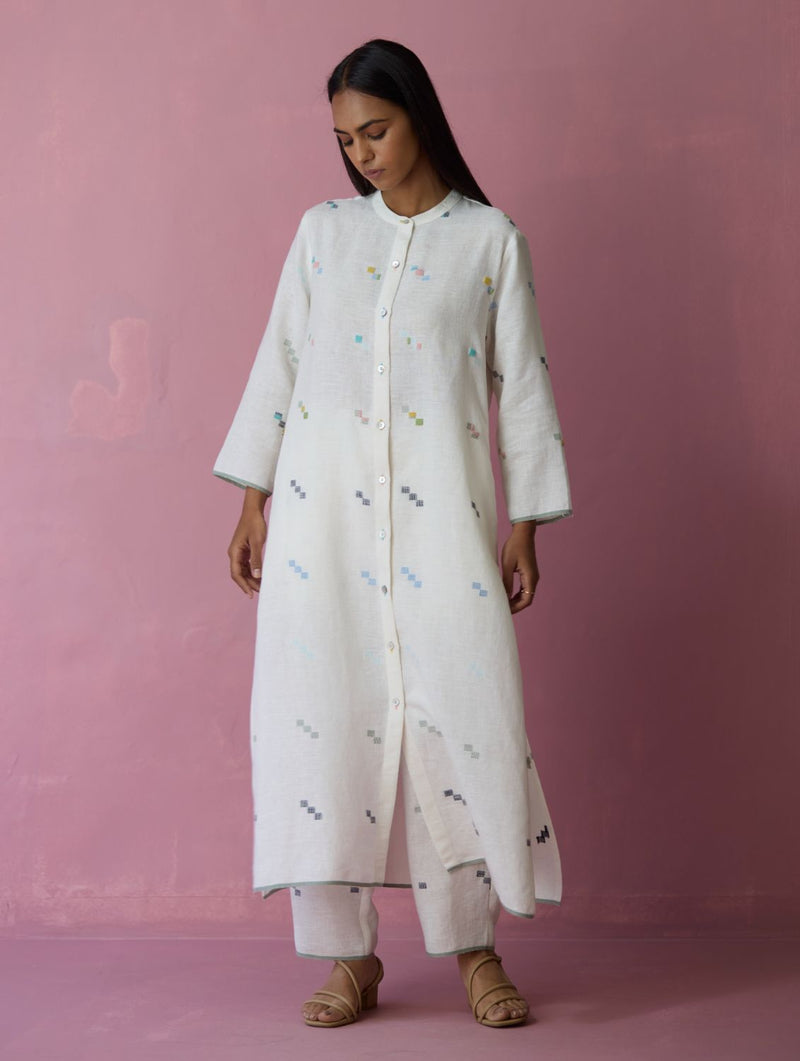 Miel Hand-Embroidered Jamdani Linen Kurta Set - Ivory all linen by Manan in ivory color for women in Singapore