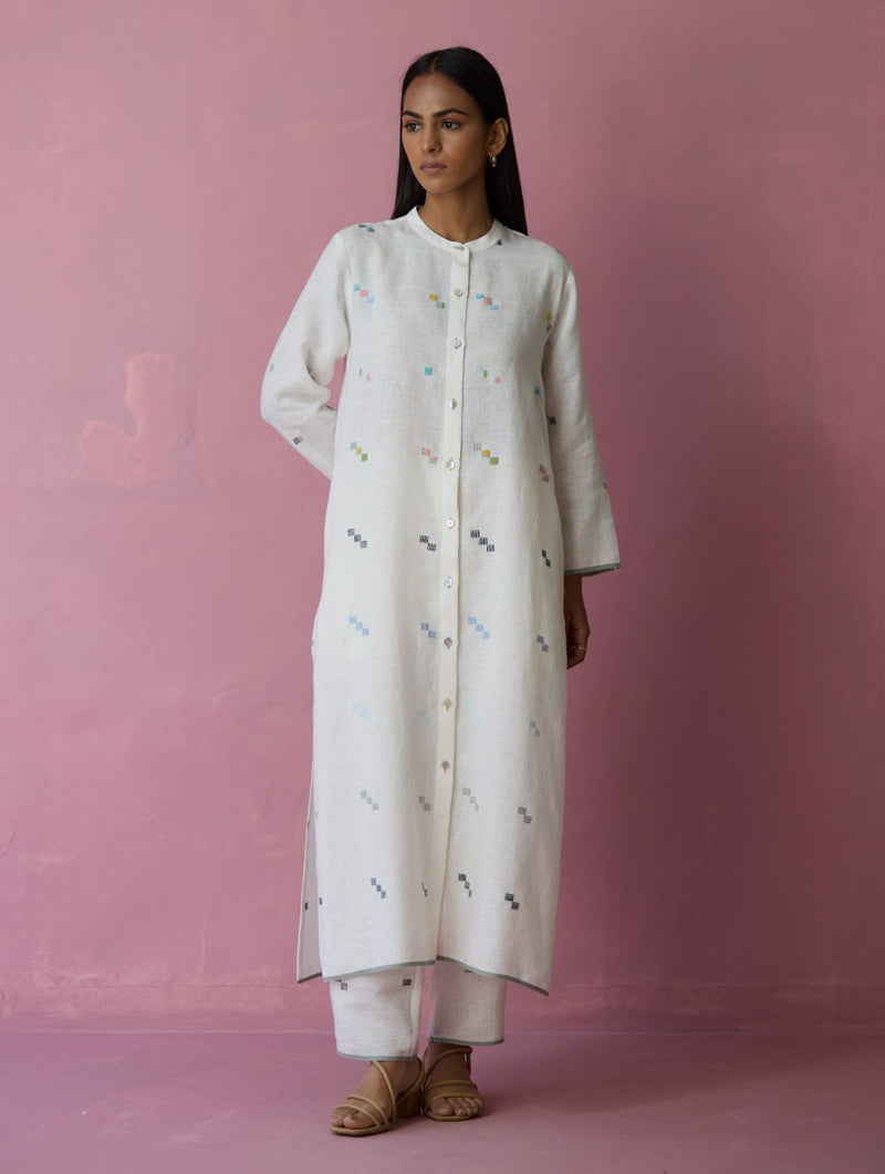 Miel Hand-Embroidered Jamdani Linen Kurta Set - Ivory all linen by Manan in ivory color for women in Singapore