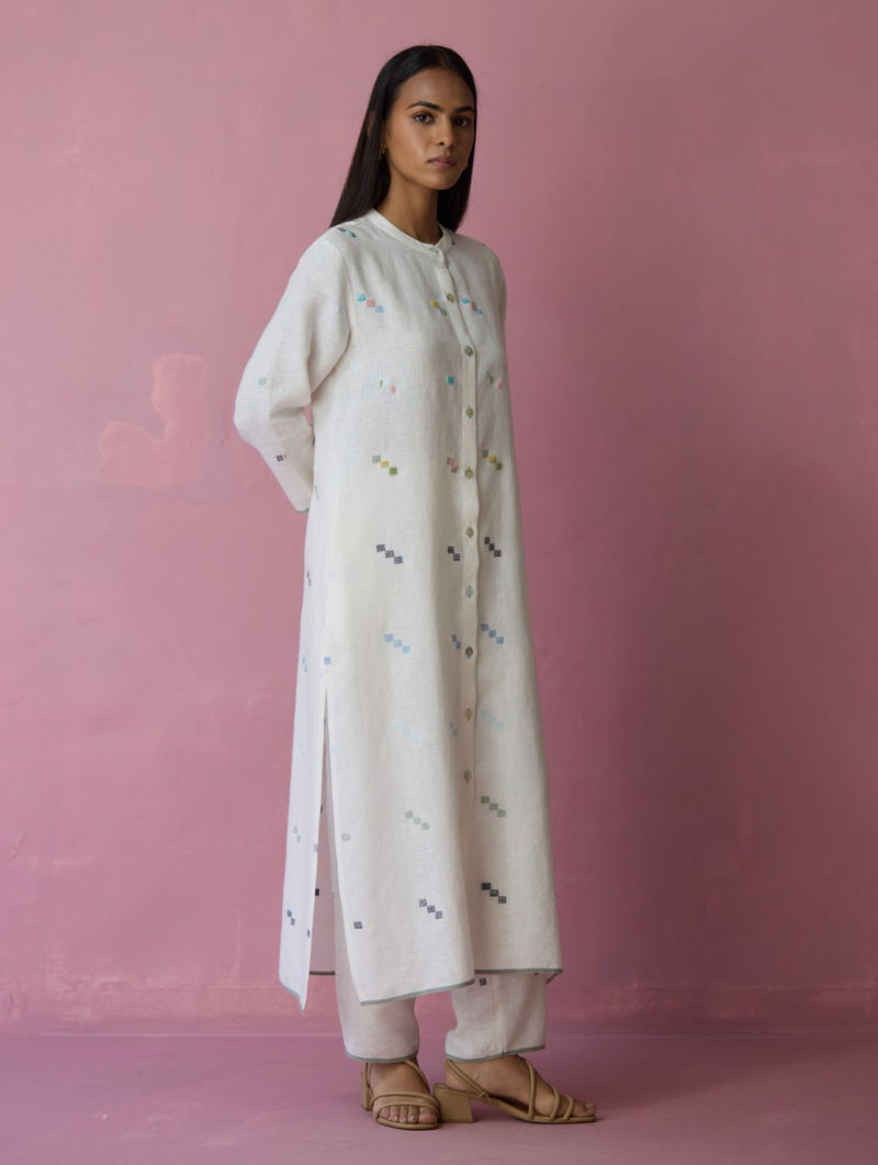 Miel Hand-Embroidered Jamdani Linen Shirt Kurta - Ivory