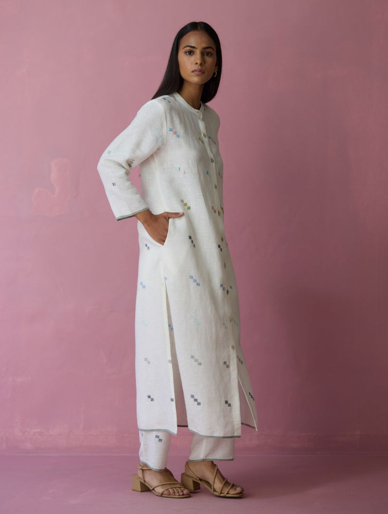 Miel Hand-Embroidered Jamdani Linen Kurta Set - Ivory all linen by Manan in ivory color for women in Singapore