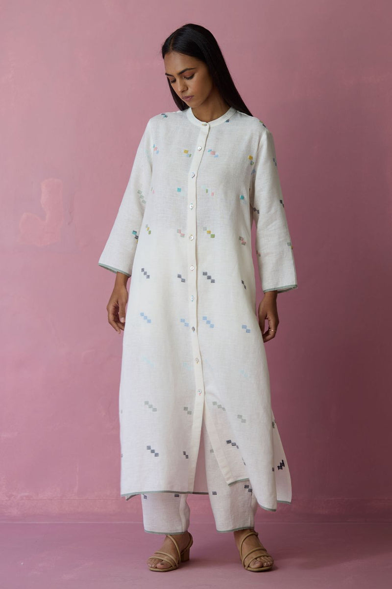 Miel Hand-Embroidered Jamdani Linen Kurta Set - Ivory all linen by Manan in ivory color for women in Singapore