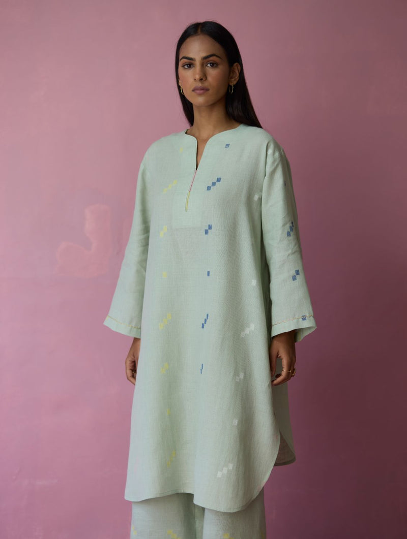 Ikara Jamdani Linen Kurta - Aqua