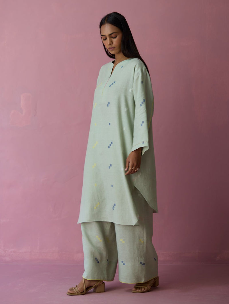 Ikara Jamdani Linen Kurta Set - Aqua all linen by Manan for women in Singapore