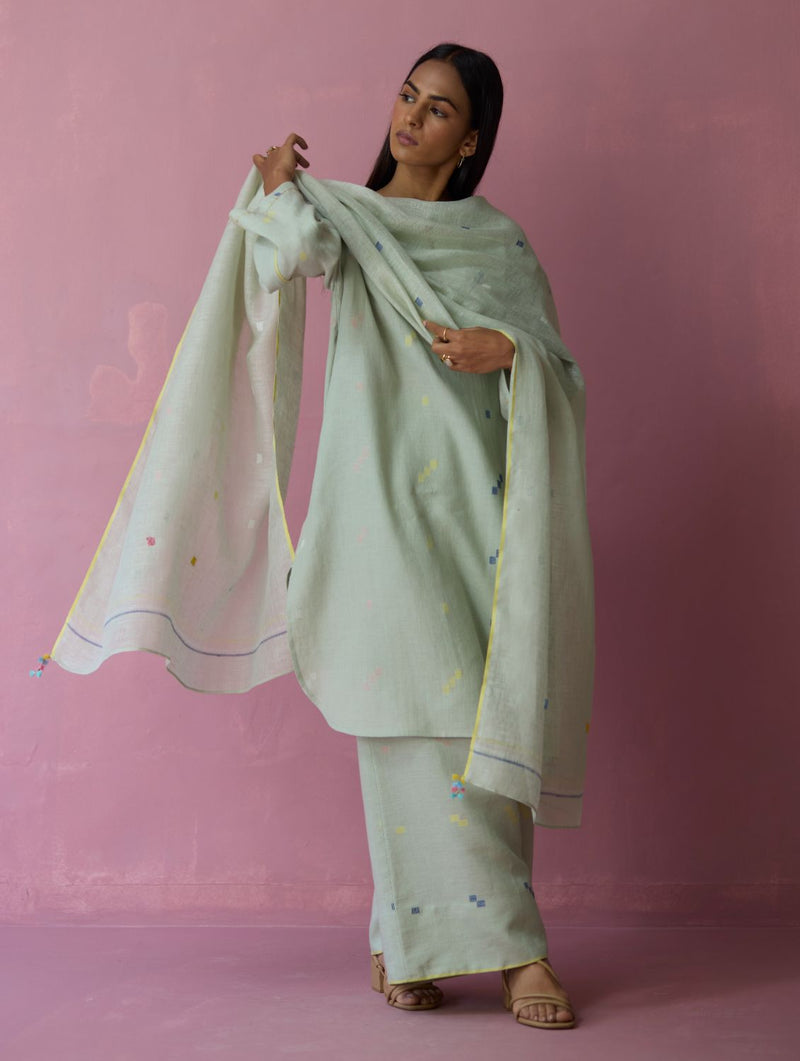 Ikara Jamdani Linen Kurta Set - Aqua all linen by Manan for women in Singapore