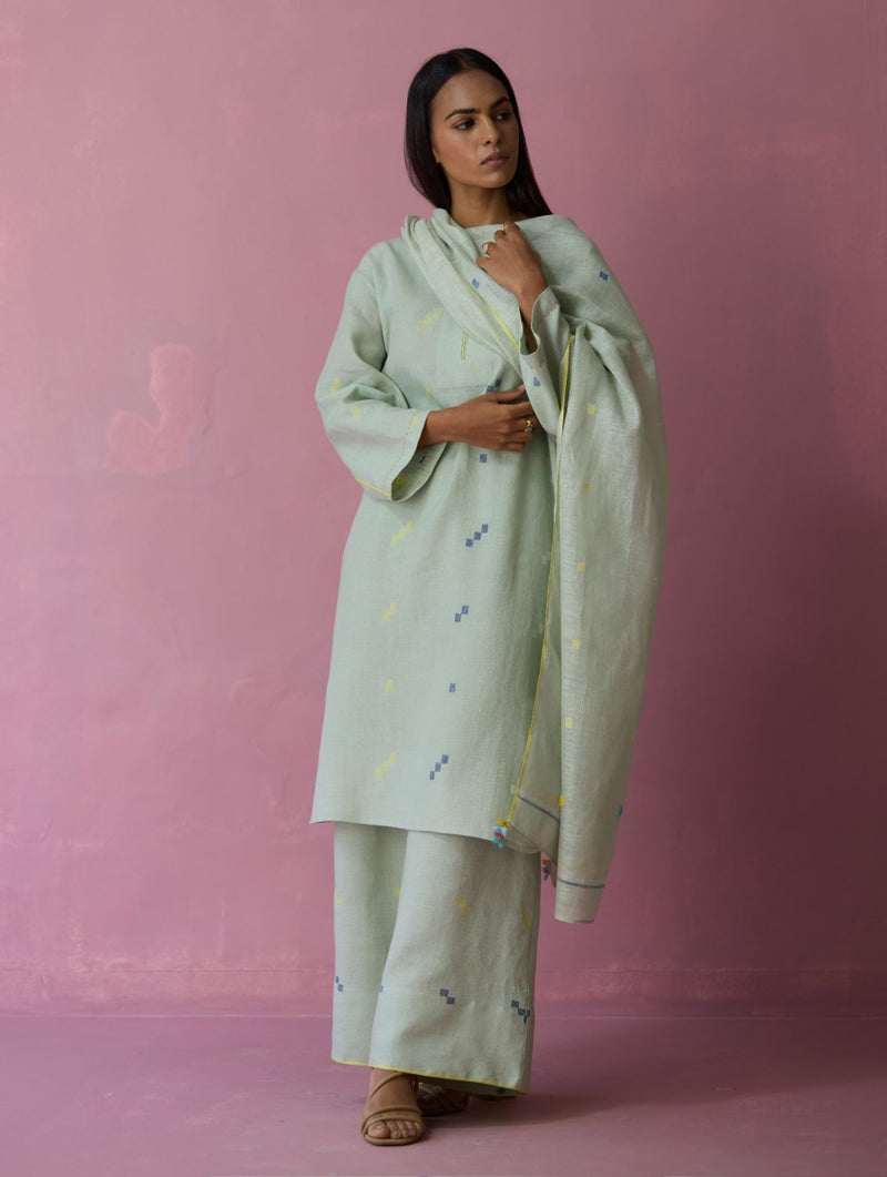 Ikara Jamdani Linen Kurta Set - Aqua all linen by Manan for women in Singapore