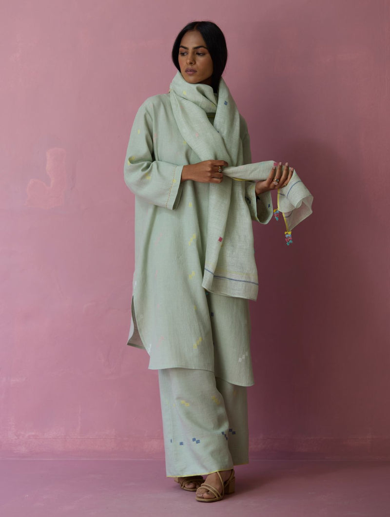 Ikara Jamdani Linen Kurta Set - Aqua all linen by Manan for women in Singapore
