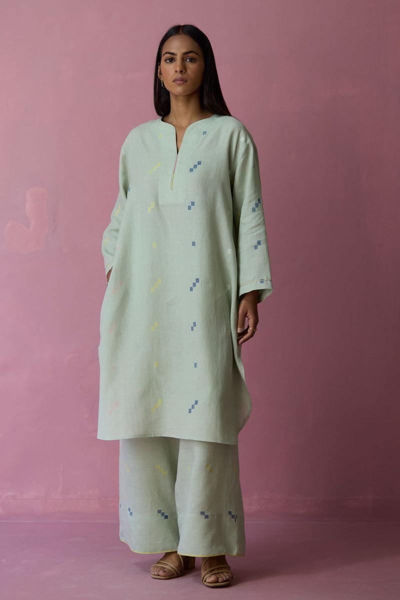 Ikara Jamdani Linen Kurta Set - Aqua all linen by Manan for women in Singapore