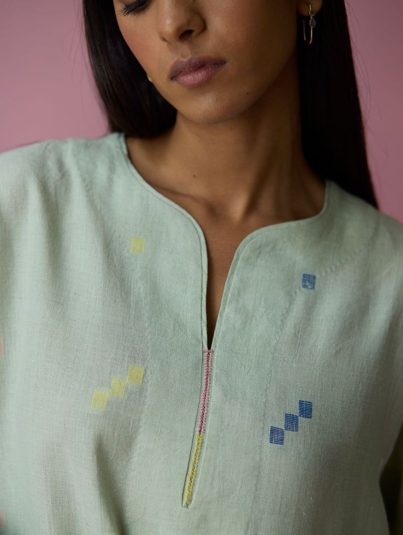 Ikara Jamdani Linen Kurta Set - Aqua all linen by Manan for women in Singapore