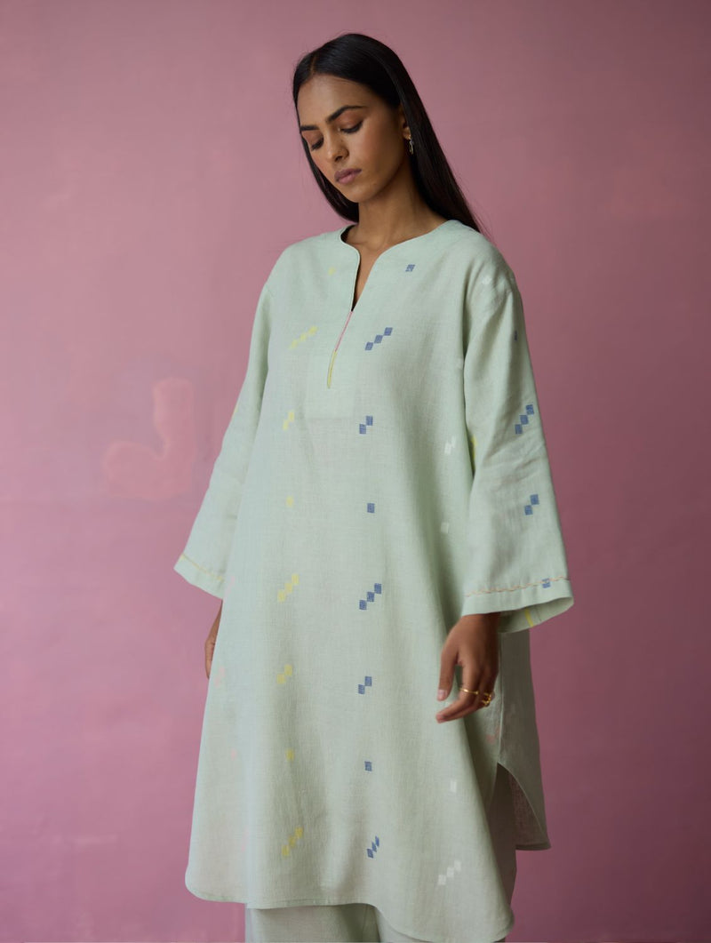 Ikara Jamdani Linen Kurta Set - Aqua all linen by Manan for women in Singapore