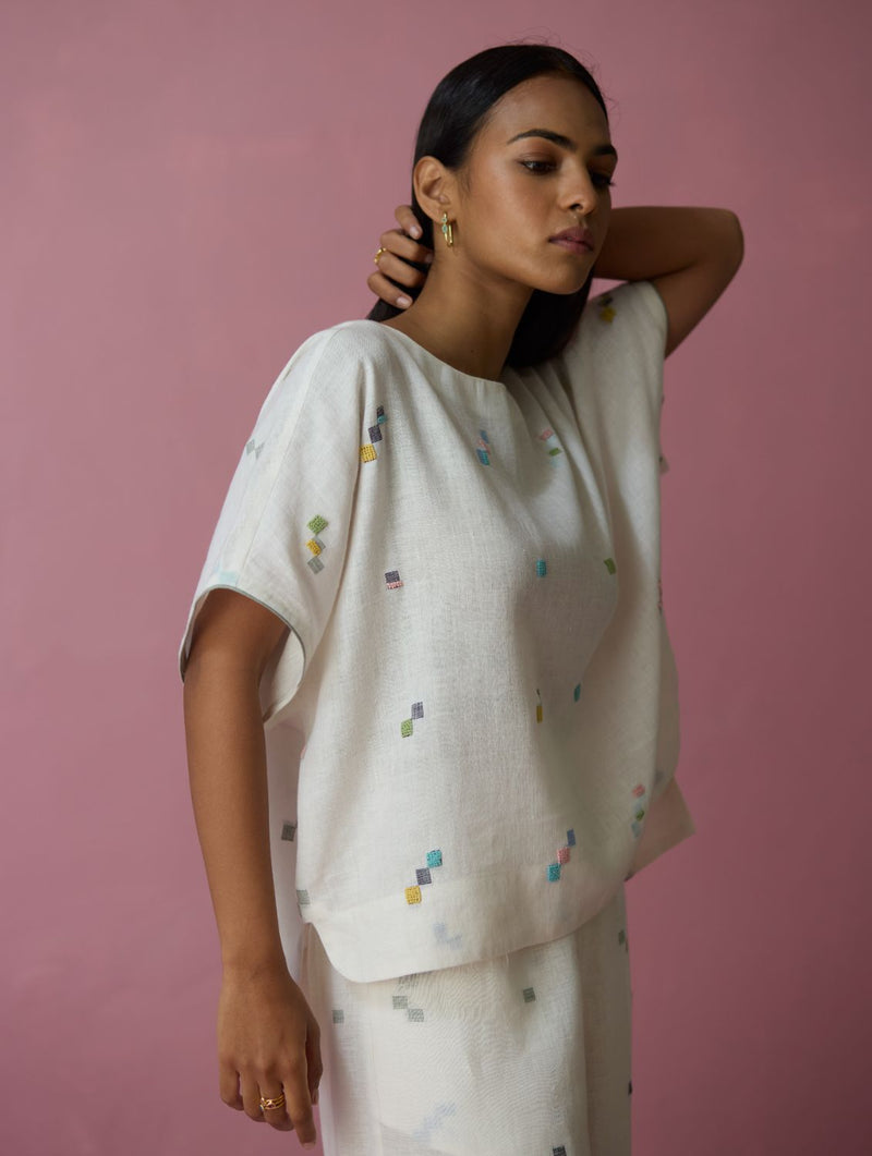 Kanni Hand-Embroidered Jamdani Co-ord Set - Ivory all linen by Manan in ivory color for women in Singapore