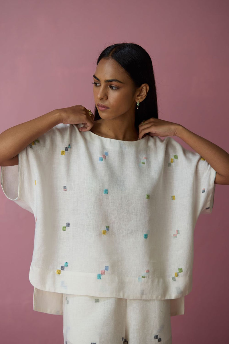 Kanni Hand-Embroidered Jamdani Co-ord Set - Ivory all linen by Manan in ivory color for women in Singapore