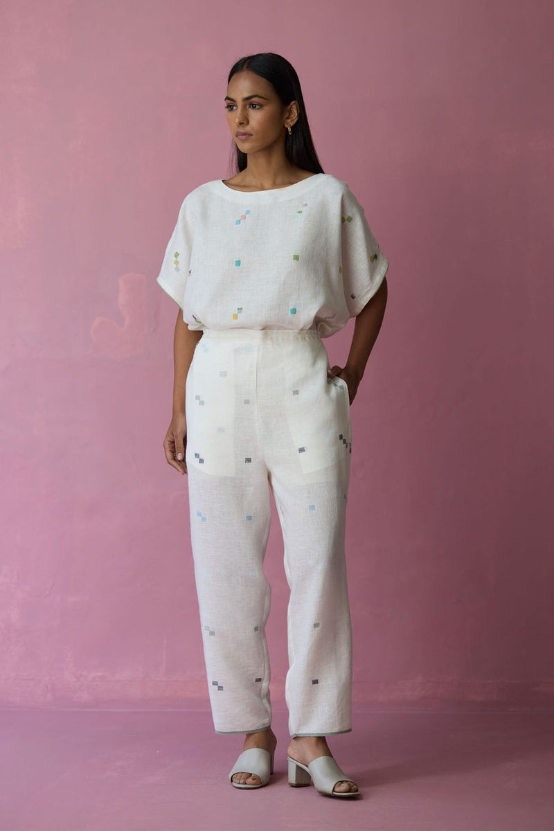 Kanni Hand-Embroidered Jamdani Co-ord Set - Ivory all linen by Manan in ivory color for women in Singapore