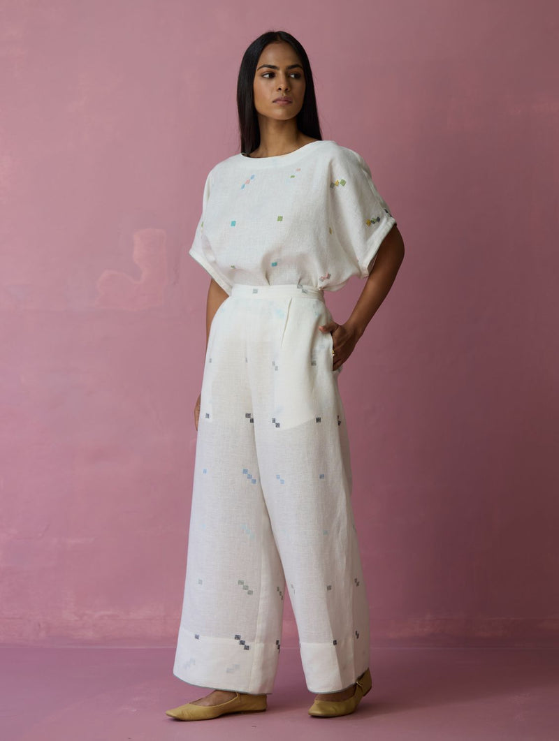 Kanni Hand-Embroidered Jamdani Co-ord Set - Ivory all linen by Manan in ivory color for women in Singapore