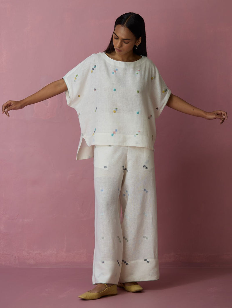 Kanni Hand-Embroidered Jamdani Co-ord Set - Ivory all linen by Manan in ivory color for women in Singapore