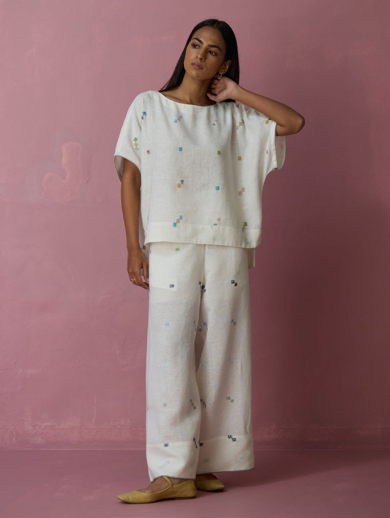 Kanni Hand-Embroidered Jamdani Co-ord Set - Ivory all linen by Manan in ivory color for women in Singapore